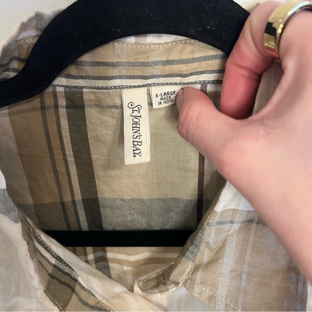 St. John's Bay Beige and Brown Plaid Shirt Minimalist Classic Western - Picture 4 of 8